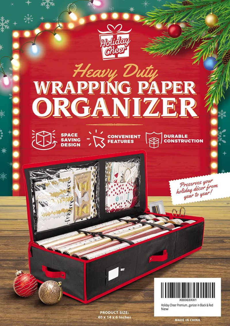 Holiday Cheer Premium Wrapping Paper Storage with Interior Pockets, Perfect for Holiday Storage and Organization and for Christmas Storage – Fits 18-24 Standard Rolls (Black & Red)