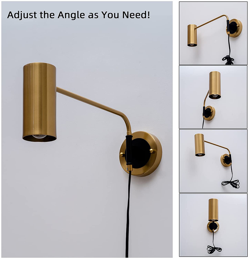 Swing Arm Wall Sconce Set of 2 Modern Mid Century Plug in Wall Lights E26 Bulb Included Brushed Brass Industrial Wall Light Fixture with Switch Wall Lamps for Bedroom Living Room Reading Room