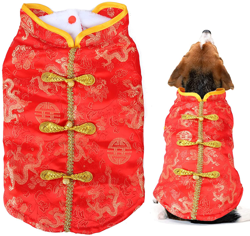 Gyepin New Year Dog Tang Costume Winter Pet Knot Buttons Costume Cheongsam Chinese New Year Pet Clothes Christmas Coat for Teddy Bichon Small Medium Dogs Cats(Size M) Animals & Pet Supplies > Pet Supplies > Dog Supplies > Dog Apparel gyepin Type a  