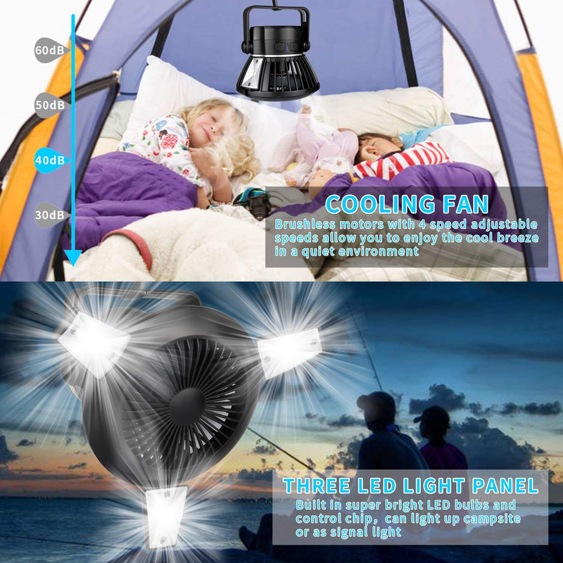 Misby Portable LED Camping Lantern with Ceiling Fan - Outdoor Tent Fan with Hook, Rechargeable Personal Desk Fan and Power Bank, 180° Quiet Battery Operated USB Table Fan for Fishing, Home, Office