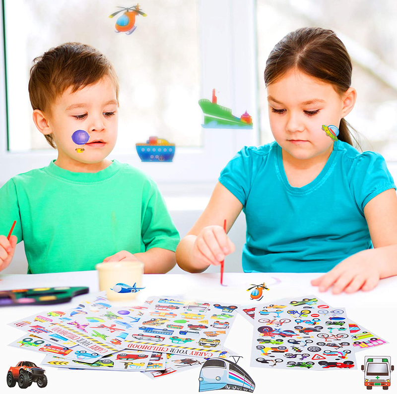HORIECHALY Transportation Stickers for Kids 12 Sheets with Cars, Airplane, Train, Motorbike, Ambulance, Police Car, Fire Trucks, School Bus, Spaceship, Rocket and More!