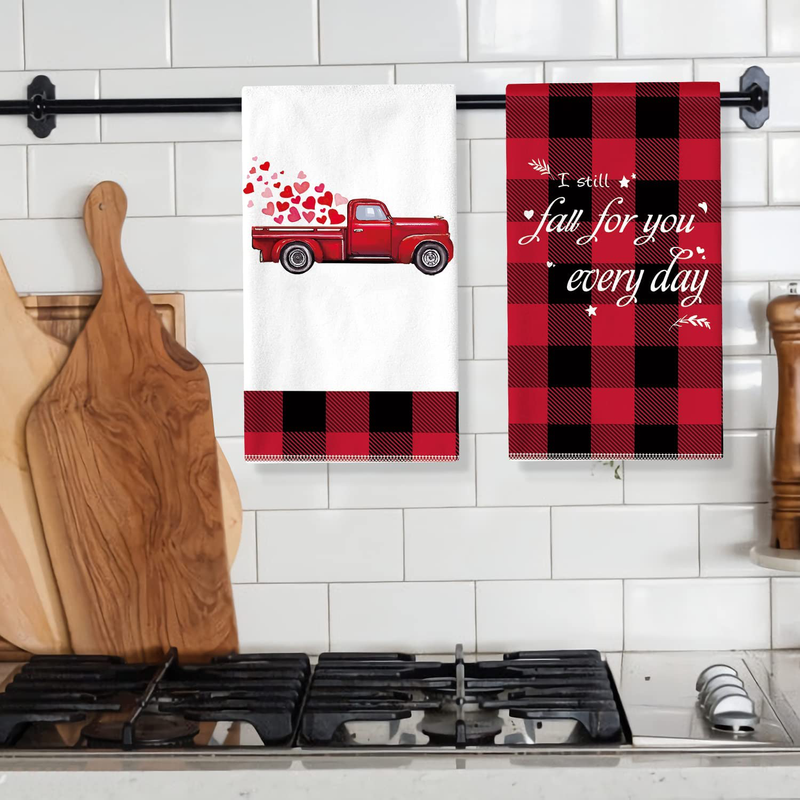 Siilues Valentines Day Kitchen Towels, Valentines Kitchen Towels Valentines Kitchen Decor 18 X 28 Inch Kitchen Towels Red Truck Buffalo Plaid Kitchen Towels for Drying Dishes Cooking Baking Set of 2 Home & Garden > Decor > Seasonal & Holiday Decorations Siilues   