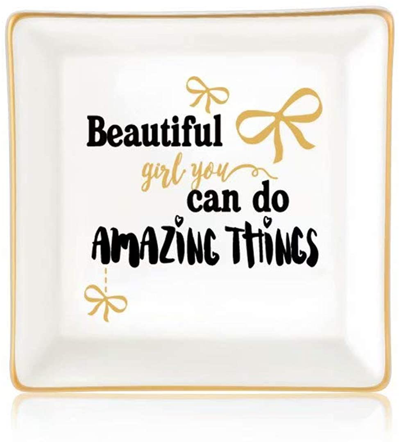 Gifts for Women Girls, Ceramic Ring Dish Decorative Trinket Plate Initial Jewelry Tray Dish, Mothers Day Valentines Gifts for Her Grandma Mom Daughter Sister Friend Birthday Home & Garden > Decor > Decorative Trays Giftjews Beautiful girl you can do amazing things  