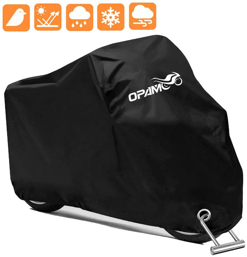 Motorcycle Scooter Cover Waterproof Outdoor - Large Medium XL 250cc 150cc 50cc Scooter Shelter for Harleys All Weather Motorbike Protection with Lock Holes Tear-proof Heavy-Duty Vehicles & Parts > Vehicle Parts & Accessories > Vehicle Maintenance, Care & Decor > Vehicle Covers > Vehicle Storage Covers > Motorcycle Storage Covers opamoo black  