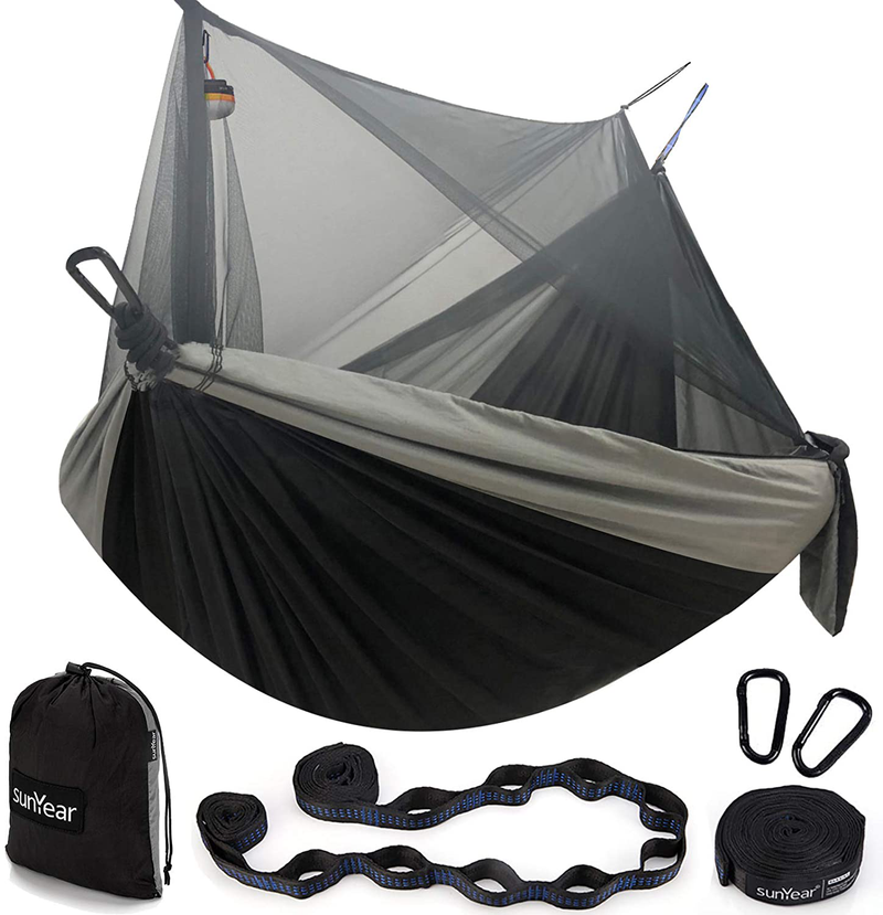 Hammock Camping with Net/Netting, Portable Camping Hammock Double Tree Hammock Outdoor Indoor Backpacking Travel & Survival, 2 Tree Straps (16+1 Loops Each, 20Ft Total) Home & Garden > Lawn & Garden > Outdoor Living > Hammocks Sunyear Black & Grey 78"W*118"L 