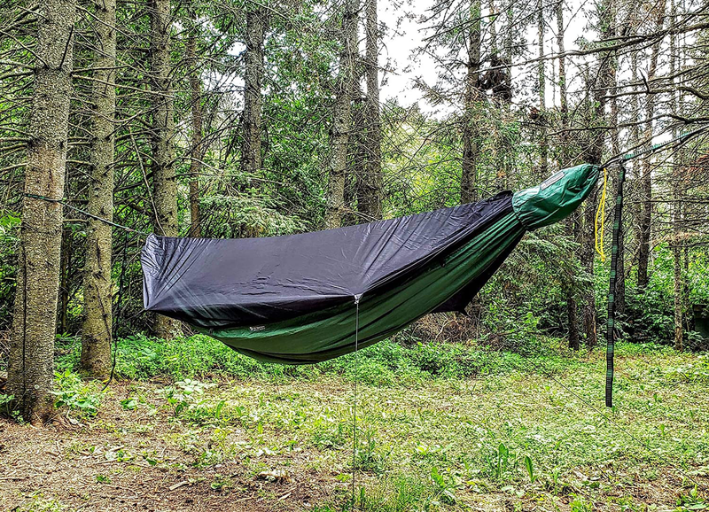 Go Camping Hammock 2.0 W/ Built-In Mosquito Net - Slate Gray by Go Outfitters: 11' Long X 64" Wide |Includes 2 Premium Aluminum Carabiners, Rapid Deployment Bag, 4 Stakes & 4 Shock Cords