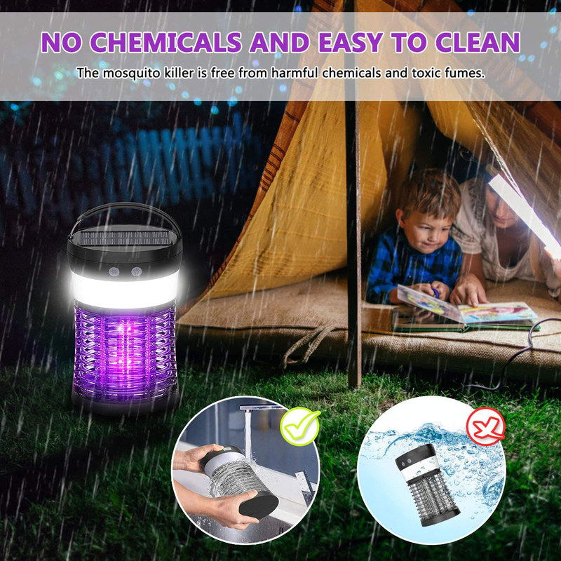 Solar Powered Bug Zapper, 3-in-1 Electric Mosquito Killer and Camp Lantern, Portable Mosquito Zapper for Outdoor & Indoor, Waterproof Rechargeable Insect Fly Trap Attractant for Camping Patio Bedroom  HBUDS   