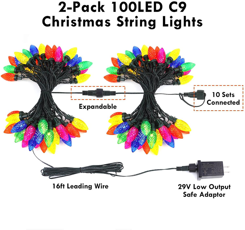 Extendable 2-Pack 66FT 100 Count C9 Christmas Lights Outdoor/Indoor, Waterproof Green Wire Plug in String Lights for Xmas Tree Garden Patio Wedding Party Decoration (Multicolor) Home & Garden > Decor > Seasonal & Holiday Decorations& Garden > Decor > Seasonal & Holiday Decorations Zhongshan MLS Electronics Co., LTD.   