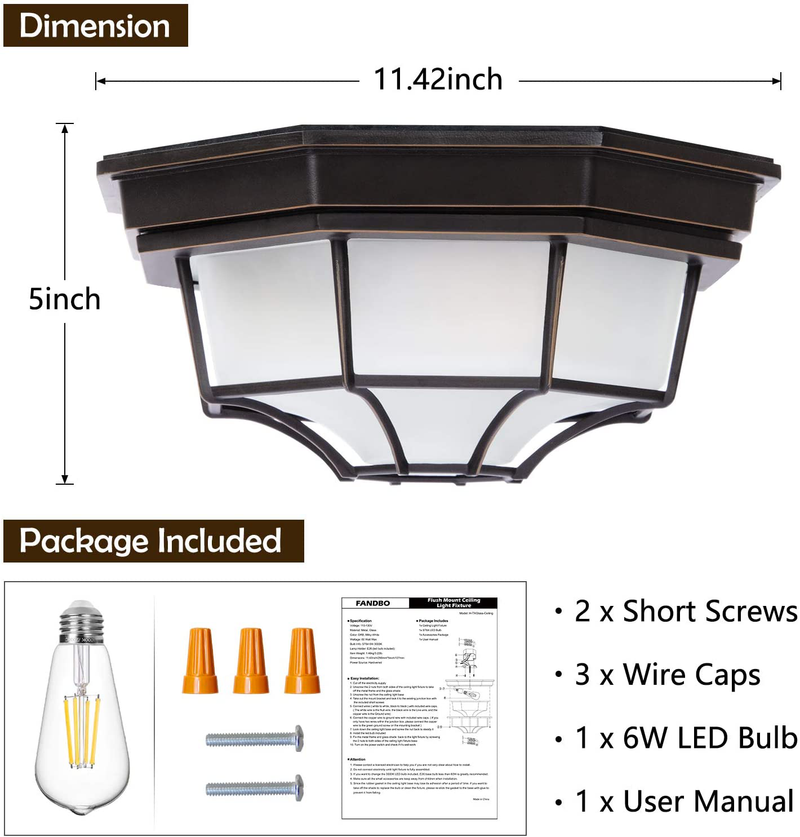 Flush Mount Ceiling Light Fixture, Outdoor Porch Ceiling Light with Aluminum Frame Frosted Glass Shade, Farmhouse Close to Ceiling Lighting Lamp for Hallway Entryway, 6W LED Bulb Included Home & Garden > Lighting > Lighting Fixtures > Ceiling Light Fixtures KOL DEALS   