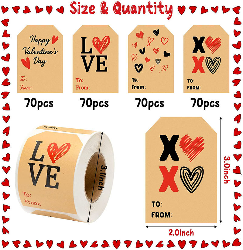 Haooryx 280Pcs Valentines Heart Gift Tags Stickers Gift Wrapping, 4 Designs Self Adhesive Kraft Paper Name Writable Labels Stickers for Valentine'S Day Presents Package Envelope Seals Cards Decoration