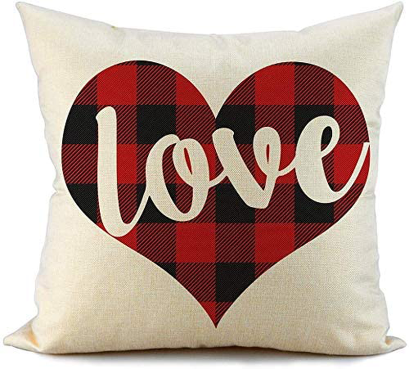 FIBEROMANCE Valentines Red and Black Buffalo Check Plaid Love Pillow Covers Decorative Cushion Case for Sofa Couch Bedroom Spring Home Decor Cotton Pillowcase 18 X 18 Inch Home & Garden > Decor > Chair & Sofa Cushions FIBEROMANCE   