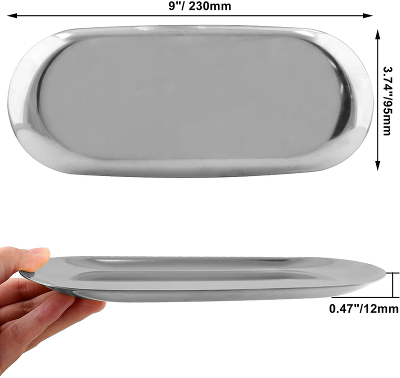 Jiozermi 2 Pcs 9 Inch Stainless Steel Towel Tray, Serving Tray, Decorative Tray, Storage Tray for Cosmetics Jewelry Fruit Candy, Oval, Silver