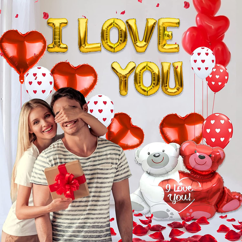 I Love You Balloons and Heart Balloon Set, Romantic Decorations for Special Night Valentines Day Balloons and Teddy-Bear Red Heart Balloons with 1000 PCS Silk Rose Petals 53PCS Valentine'S Day Party Decorations for Anniversary Arts & Entertainment > Party & Celebration > Party Supplies HozHoy   