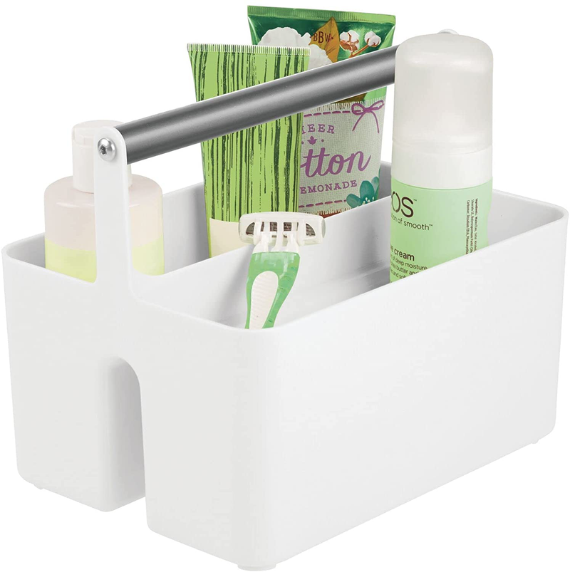 Mdesign Plastic Shower Caddy Storage Organizer Utility Tote, Divided Basket Bin - Metal Handle for Bathroom, Dorm, Kitchen, Holds Hand Soap, Shampoo, Conditioner - Aura Collection - Black/Brushed Sporting Goods > Outdoor Recreation > Camping & Hiking > Portable Toilets & Showers mDesign White/Graphite Gray  