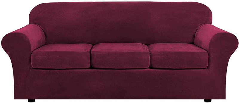 Modern Velvet Plush 4 Piece High Stretch Sofa Slipcover Strap Sofa Cover Furniture Protector Form Fit Luxury Thick Velvet Sofa Cover for 3 Cushion Couch, Machine Washable(Sofa,Gray) Home & Garden > Decor > Chair & Sofa Cushions H.VERSAILTEX Wine/Burgundy Large 