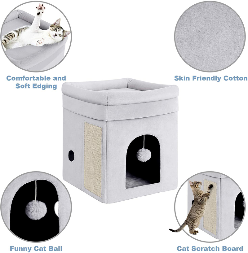 Mancro Cat House, Cat Beds, Cat Houses for Indoor Cats with Fluffy Ball Hanging & Scratch Pad without 0Dor, Foldable Washable Cat Cave, Nonslip Soft Fabric Cat Hideaway for Kitty 14X14X16 Inches, Grey Animals & Pet Supplies > Pet Supplies > Cat Supplies > Cat Beds Mancro   