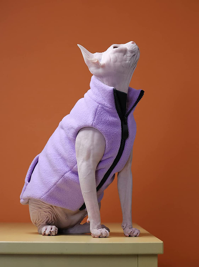 Sphynx Hairless Cat Clothes Autumn Winter Fashion Solid Color Zipper Coat Sleeveless High Collar Soft Faux Fur Sweater Outfit with Pocket