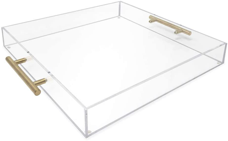 Isaac Jacobs Clear Acrylic Serving Tray (11x14) with Gold Metal Handles, Spill-Proof, Stackable Organizer, Food & Drinks Server, Indoors/Outdoors, Lucite Storage Décor (11x14, Clear with Gold Handle) Home & Garden > Decor > Decorative Trays Isaac Jacobs International Clear With Gold Handle 15x15 