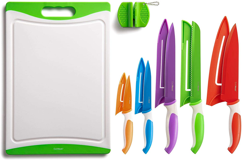 EatNeat 12-Piece Colorful Kitchen Knife Set - 5 Colored Stainless Steel Knives with Sheaths, Cutting Board, and a Sharpener - Razor Sharp Cutting Tools that are Kitchen Essentials for New Home Home & Garden > Kitchen & Dining > Kitchen Tools & Utensils > Kitchen Knives EATNEAT Default Title  