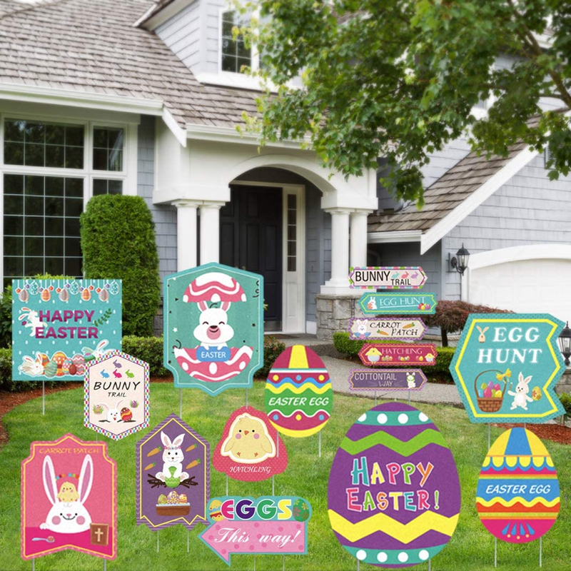 FUN LITTLE TOYS 12PCS Happy Easter Egg Yard Sign Decorations, Bunny Chicken Egg Basket, Easter Egg Hunt Game, Garden Yard Lawn Outdoor Decor, Easter Party Favors Home & Garden > Decor > Seasonal & Holiday Decorations FUN LITTLE TOYS   