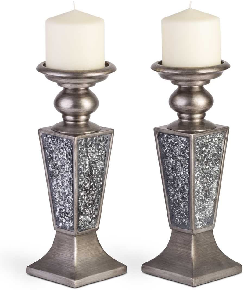 Creative Scents Schonwerk Pillar Candle Holder Set of 2- Crackled Mosaic Design- Home Coffee Table Decor Decorations Centerpiece for Dining/ Living Room- Best Wedding Gift (Silver)  Creative Scents   