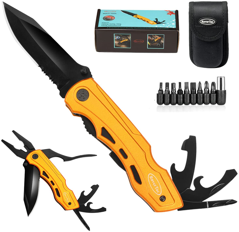 Rovertac Pocket Knife Folding Multitool Knife Christmas Gifts for Men Pliers Screwdriver Bottle Opener Liner Lock Durable Sheath Perfect for Camping Fishing Hiking Adventuring Sporting Goods > Outdoor Recreation > Camping & Hiking > Camping Tools RoverTac Gold  