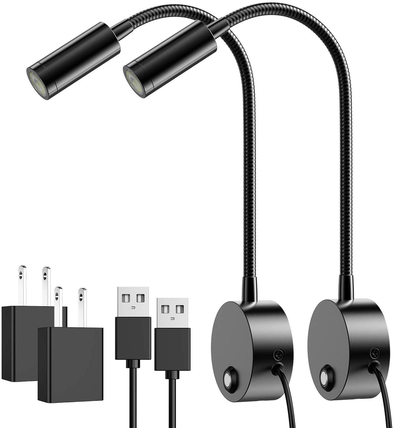Dimmable LED Wall Mounted Reading Light with 11" Flexible Gooseneck & USB Charging Port - ERAY Plug-In Bedside Reading Wall Lamp Touch Adjustable 3 Colors Temperature Light Black - 2 Pack