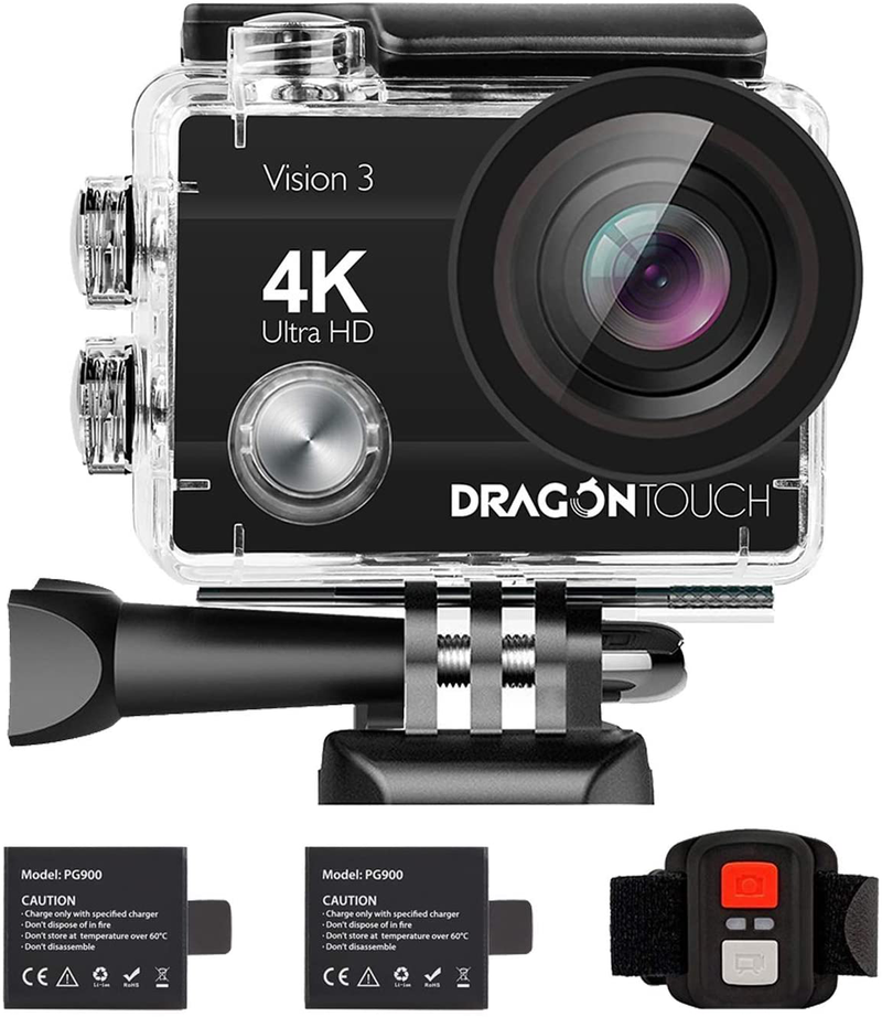 Dragon Touch 4K Action Camera 16MP Vision 3 Underwater Waterproof Camera 170° Wide Angle WiFi Sports Cam with Remote 2 Batteries and Mounting Accessories Kit Cameras & Optics > Cameras > Video Cameras Dragon Touch Default Title  