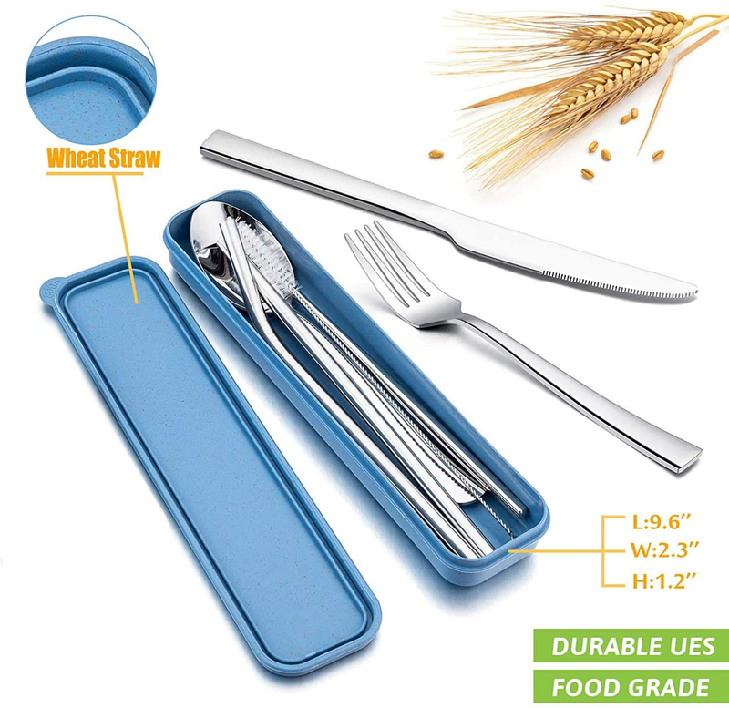 Stainless Steel Flatware Set, Portable Cutlery Set, Reusable Utensils with Case for Camping Office School Lunch, 9 Pcs including Knife Fork Spoon Chopsticks Cleaning Brush Metal Straws. (Blue)