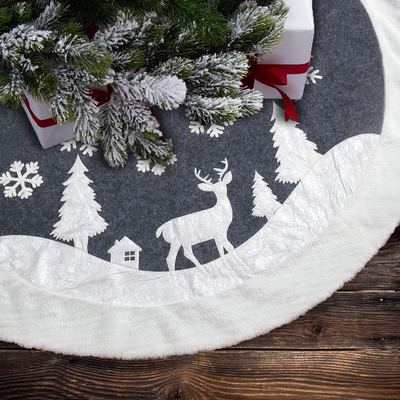 Christmas Tree Skirt , Fur Rustic White Xmas Tree Skirt,Snowy Christmas Trees Mat Decorations Indoors,Deer and Snowflake Pattern (48 inches, White Deer) Home & Garden > Decor > Seasonal & Holiday Decorations > Christmas Tree Skirts 7Felicity White Deer 48 inches 