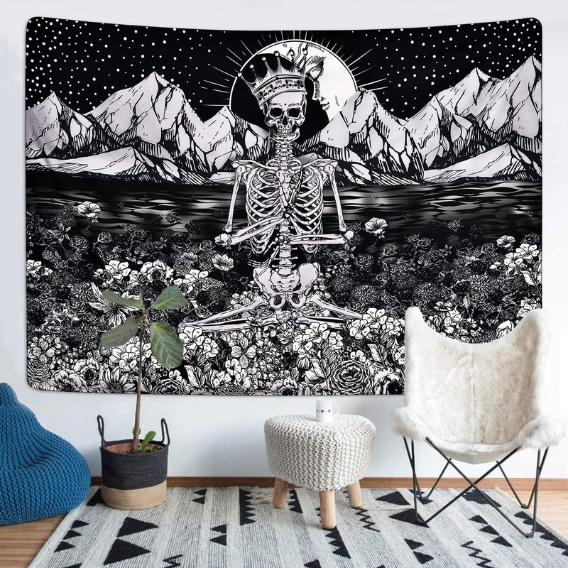 Skull Floral Tapestry Meditation Skeleton Tapestries Mountain Wave Tapestry Moon and Star Tarot Tapestry Starry Black and White Tapestry(51.2 x 59.1 inches) Home & Garden > Decor > Artwork > Decorative Tapestries Romeooera   