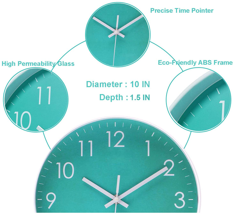 Modern Simple Wall Clock Indoor Non-Ticking Silent Sweep Movement Wall Clock for Office, Bathroom, Living Room Decorative 10 Inch Teal