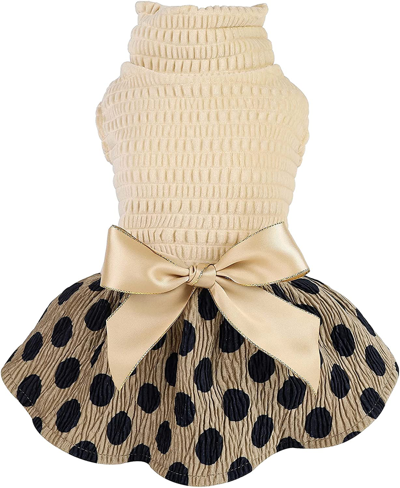 Fitwarm Vintage Polka Dot Dog Dress Lightweight Velvet Girl Puppy Clothes Turtleneck One-Piece with Bowknot Pet Clothes for Birthday Party Doggy Gown Doggie Outfits Cat Apparel