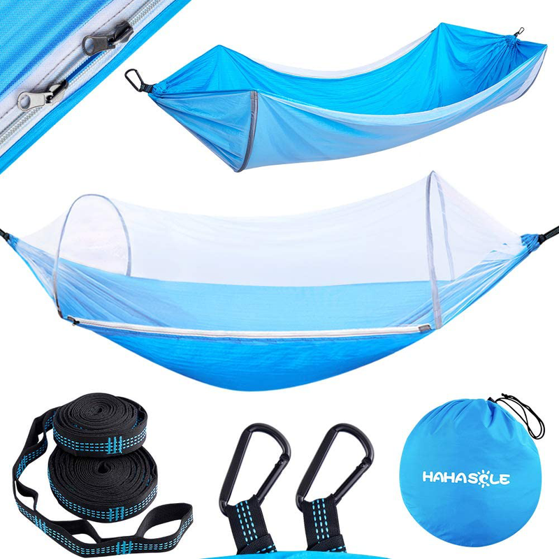 HAHASOLE Camping Hammock with Mosquito Net - Includes Tree Straps & Carabiners - Ripstop Nylon Lightweight & Portable Travel Bed Set with Bug Net for Hiking Backpacking Beach, Easy Setup Outdoor Gear Home & Garden > Lawn & Garden > Outdoor Living > Hammocks HAHASOLE Blue  