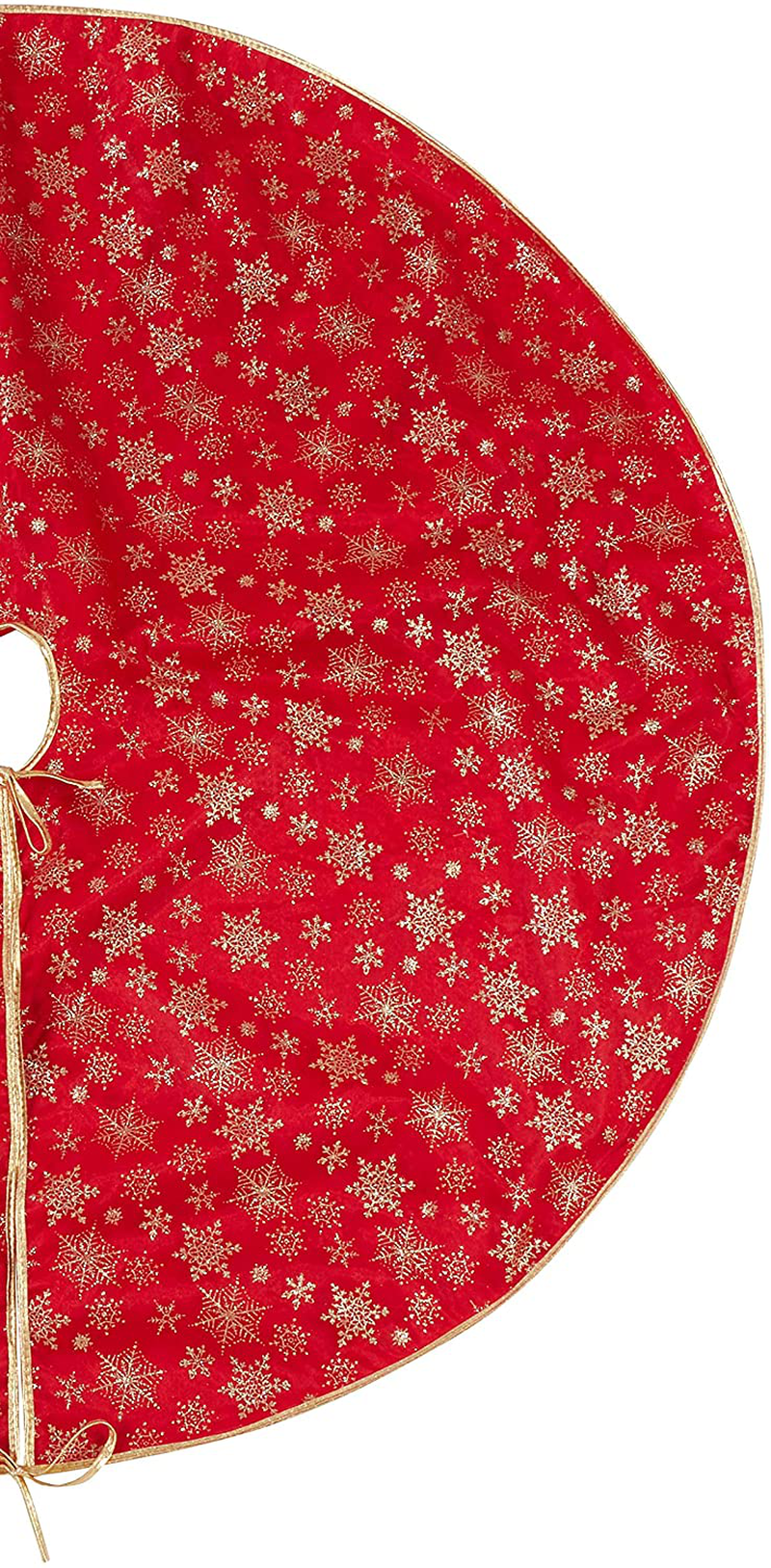 SARO LIFESTYLE Flocon de Neige Collection Red Organza Christmas Tree Skirt with Gold Snowflake Design, 48"