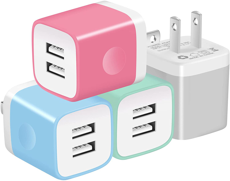 X-EDITION USB Wall Charger,4-Pack 2.1A Dual Port USB Cube Power Adapter Wall Charger Plug Charging Block Cube for Phone 8/7/6 Plus/X, Pad, Samsung Galaxy S5 S6 S7 Edge,LG, Android (White)  X-EDITION Grey,Red,Blue,Green  