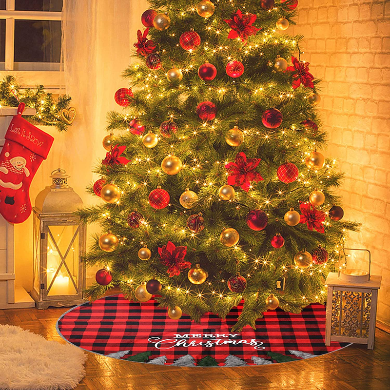Juegoal 48 Inch Christmas Tree Skirt, Soft Red and Black Plaid Christmas Tree Mat for Xmas Party Decoration, Christmas Tree Holiday Decor Home & Garden > Decor > Seasonal & Holiday Decorations > Christmas Tree Skirts Juegoal   