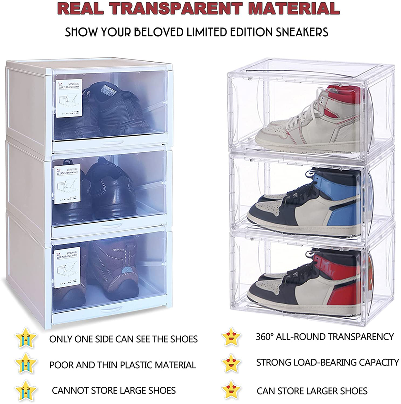 Clear Shoe Box, Set of 9 Stackable Plastic Sneaker Box Containers, Magnetic Side Open Shoe Organizers and Shoes Storage Cases, Full Transparent to Display Sneakers/High Heels/Toys, Etc.