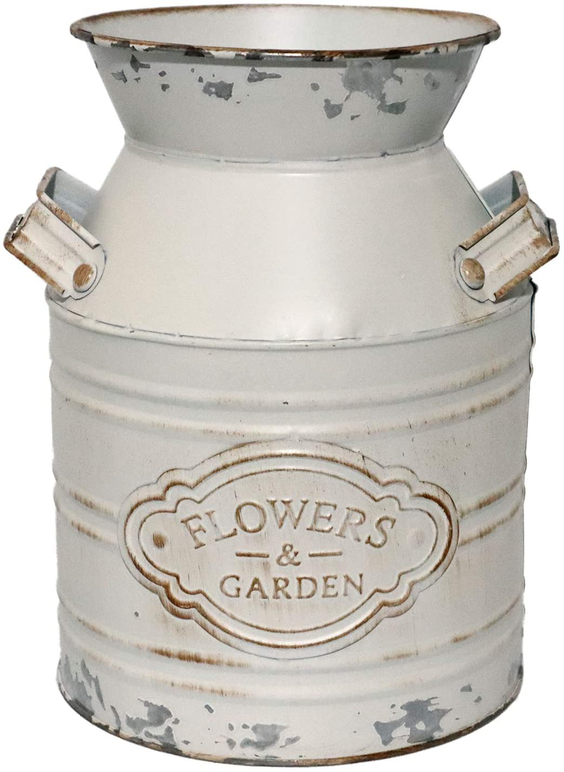 PHILPETY Shabby Chic Classy Designed White Milk Can Galvanized Finish Metal Vase Country Rustic Primitive Decorative Flower Holder, 7.5" H Home & Garden > Decor > Vases PHILPETY Default Title  