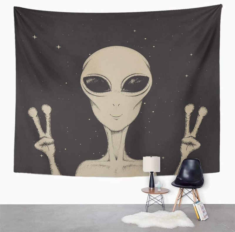Emvency Tapestry Wall Hanging Drawing Alien Showing Peace Sign Space Life Color Paranormal UFO Astronomic 50" x 60" Home Decor Art Tapestries for Bedroom Living Room Dorm Apartment Home & Garden > Decor > Artwork > Decorative Tapestries Emvency   