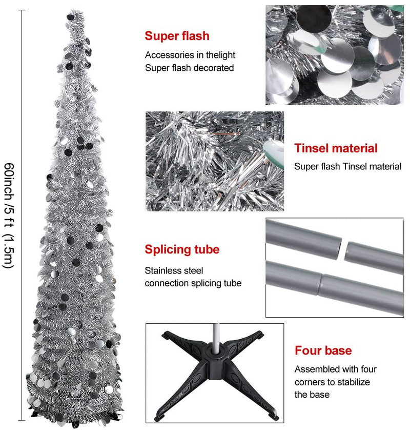 PartyTalk 5ft Pop Up Christmas Tree with Stand, Silver Tinsel Collapsible Artificial Christmas Tree for Holiday Christmas Home Decorations