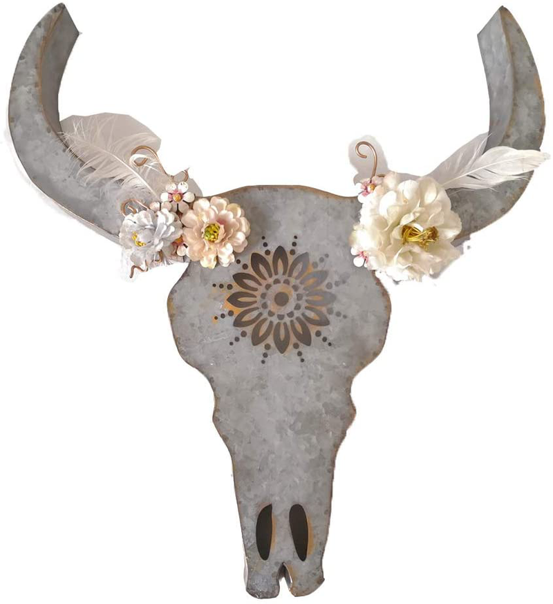 Parisloft Distressed Galvanized Metal Bull Head Skull Wall Hanging Art Southwestern Cow Steer Skull with Frabic Flowers 17.9 x 19.3 x 3.5 Inches Home & Garden > Decor > Artwork > Sculptures & Statues Parisloft Default Title  