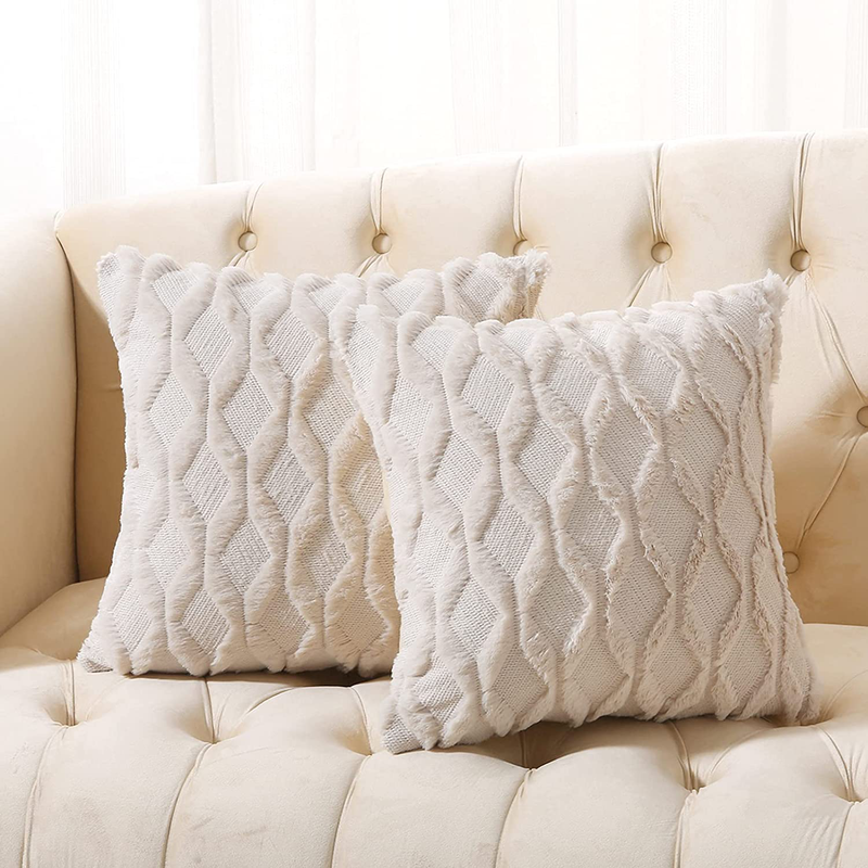 Volcanics Pack of 2 Faux Wool Throw Pillow Covers 18X18 Inches Decorative Farmhouse Velvet Couch Pillow Case Soft Plush Square Boho Cushion Pillowcase, Beige Home & Garden > Decor > Chair & Sofa Cushions Volcanics Beige 20" x 20" 