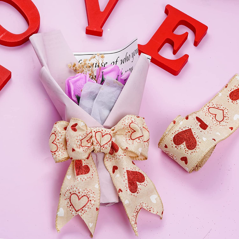 Dxhycc 2 Rolls Valentine'S Day Wired Edge Ribbon Vintage Happy Valentine'S Day Truck Ribbon Love Red Heart Ribbons for Gift Wrapping Wedding Decoration DIY Crafts, 2.5 Inch