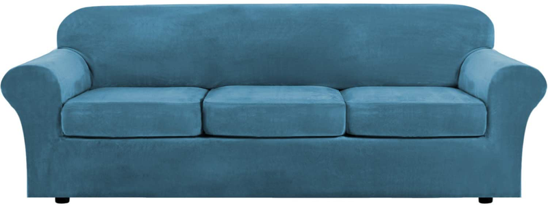 Modern Velvet Plush 4 Piece High Stretch Sofa Slipcover Strap Sofa Cover Furniture Protector Form Fit Luxury Thick Velvet Sofa Cover for 3 Cushion Couch, Machine Washable(Sofa,Peacock Blue) Home & Garden > Decor > Chair & Sofa Cushions H.VERSAILTEX Peacock Blue X-Large 