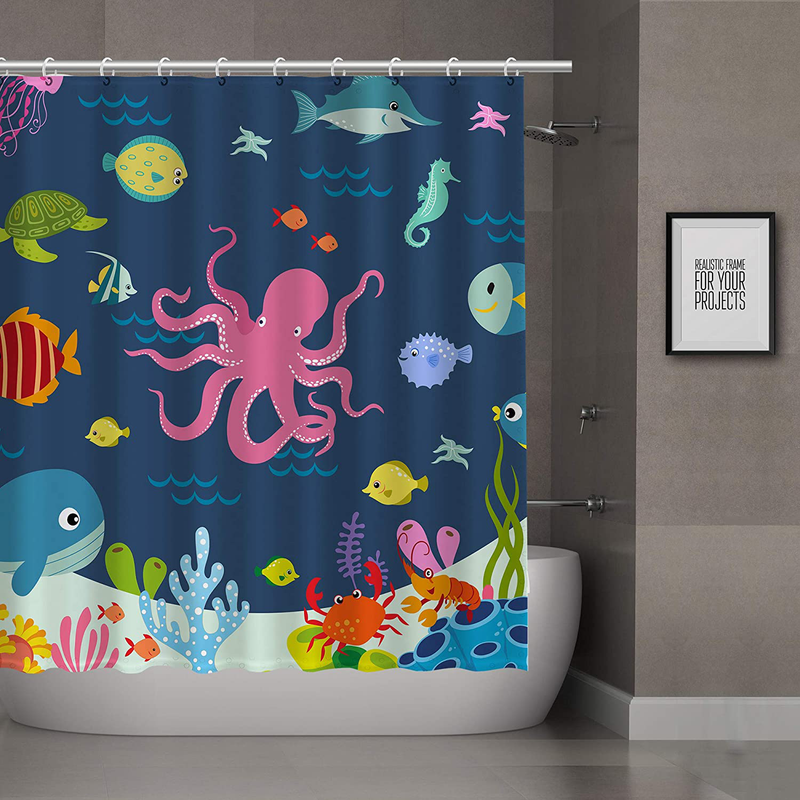 RosieLily Kids Shower Curtain, Ocean Shower Curtains , Under The Sea Shower Curtain with 12 Hooks, Sea Animal for Kids Bathroom Decor, 72 x72 Inch