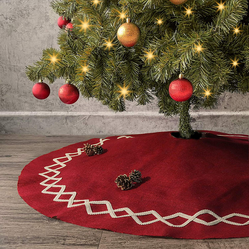 Ivenf Christmas Tree Skirt, 48 inches Large Burgundy Burlap Plain with White Lace, Rustic Xmas Tree Holiday Decorations