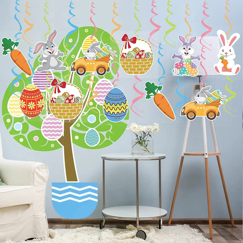 Mocossmy Easter Hanging Swirl Decorations,30 PCS Cute Easter Egg Bunny Carrot Hanging Swirl Foil Ceiling Streamers for Easter Party Supplies Favors Spring Holiday Ornaments Home Classroom Decoration