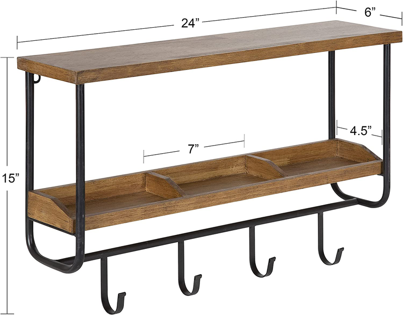 Kate and Laurel Oddell Wood Wall Shelf with Hooks, 24x6x15, Rustic Brown Furniture > Shelving > Wall Shelves & Ledges Kate and Laurel   