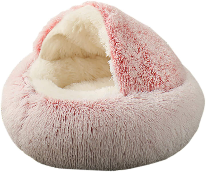 KWEWIK Cat Bed round Soft Plush Burrowing Cave Hooded Cat Bed Donut for Dogs & Cats, Faux Fur Cuddler round Comfortable Self Warming Pet Bed, Machine Washable, Waterproof Bottom